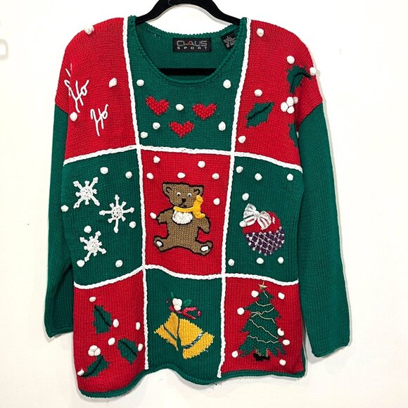 Vtg Chaus Womens Ugly Christmas Sweater Large 3D Knit Embroidery Sequin - Picture 1 of 10
